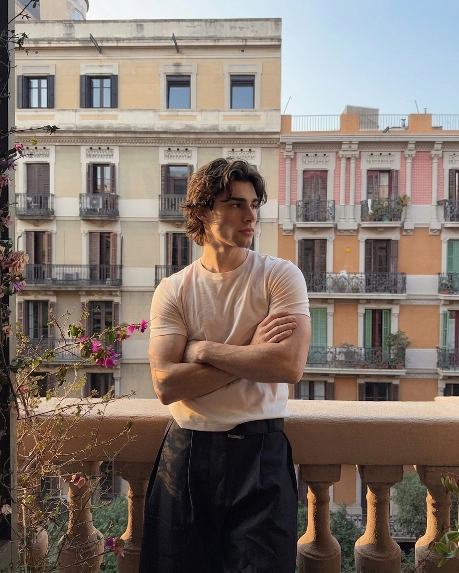 AI generated dating photo - balcony with European view